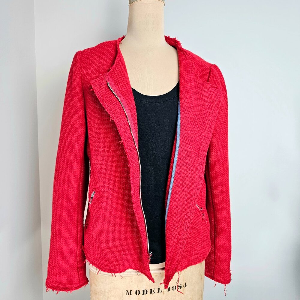 Gap Red Textured Moto Jacket Raw Edge Cropped Size 12 - Picture 2 of 13